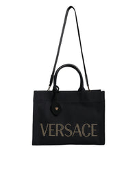 Borsa a tracolla Versace in tela e pelle nera con logo e manico superiore