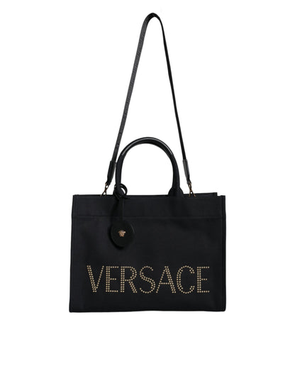 Borsa a tracolla Versace in tela e pelle nera con logo e manico superiore