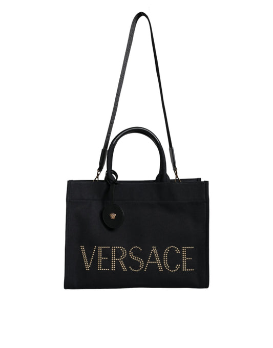 Borsa a tracolla Versace in tela e pelle nera con logo e manico superiore