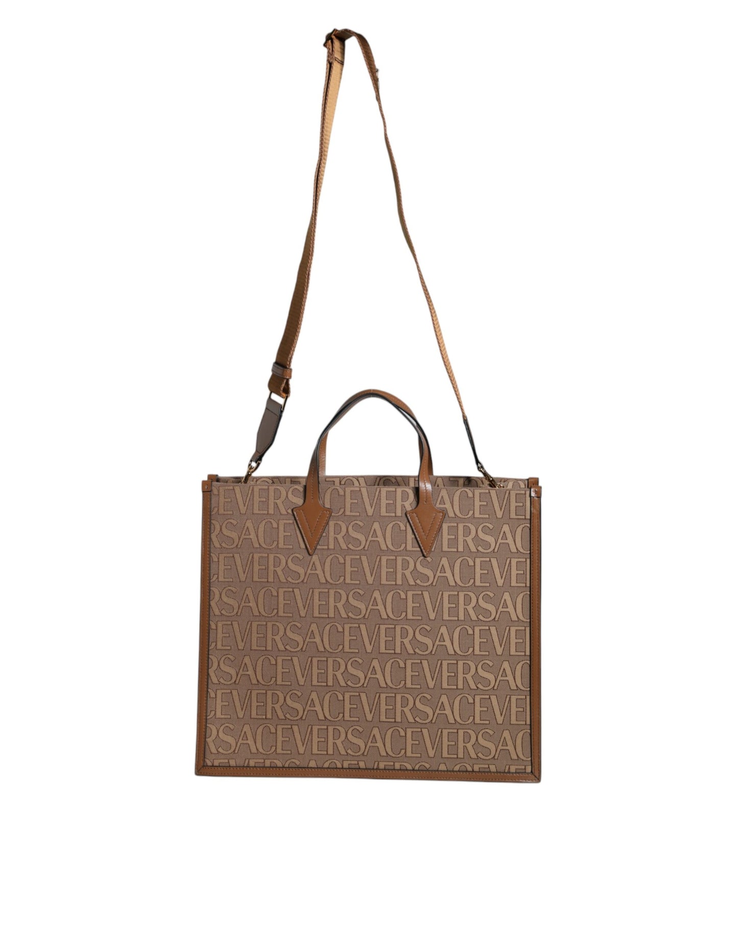Sac cabas bandoulière Versace en cuir jacquard marron avec poignée supérieure et logo