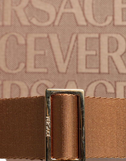 Sac cabas bandoulière Versace en cuir jacquard marron avec poignée supérieure et logo