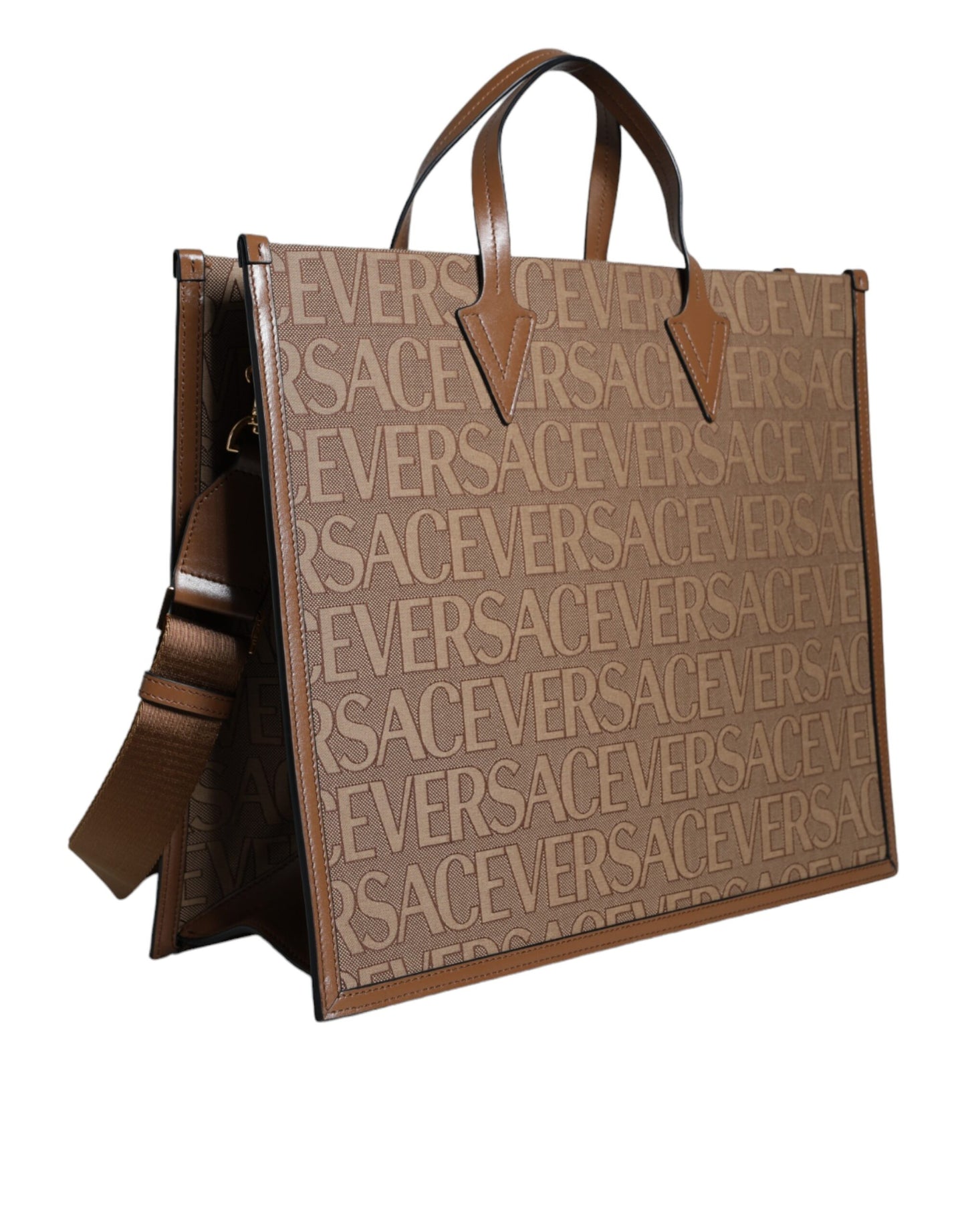 Sac cabas bandoulière Versace en cuir jacquard marron avec poignée supérieure et logo