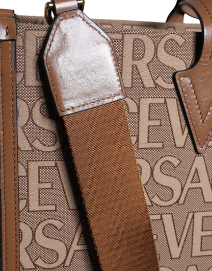 Sac cabas bandoulière Versace en cuir jacquard marron avec poignée supérieure et logo