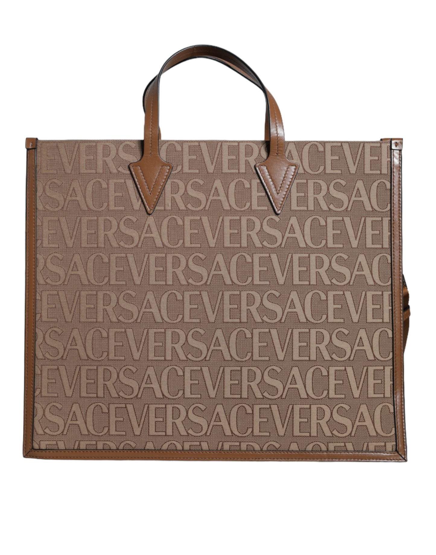 Sac cabas bandoulière Versace en cuir jacquard marron avec poignée supérieure et logo