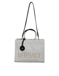 Borsa a tracolla con logo in pelle e tela con manico superiore Versace bianca
