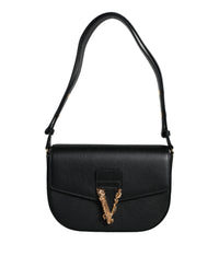 Sac bandoulière Versace en cuir de veau grainé noir avec logo