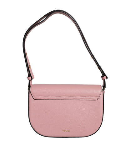 Borsa a tracolla con logo in pelle di vitello granulata rosa Versace