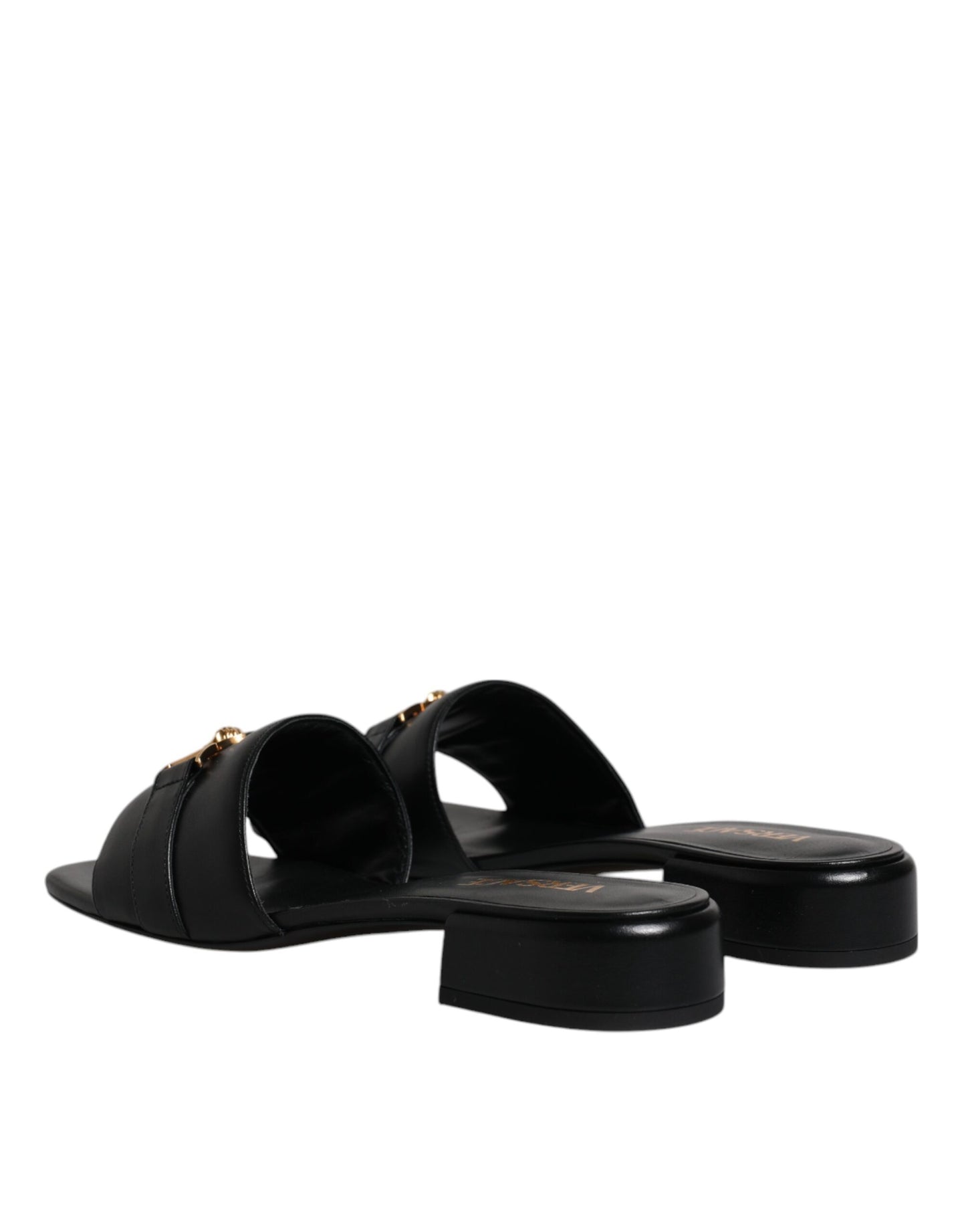 Sandales plates Versace en cuir noir avec plaque logo
