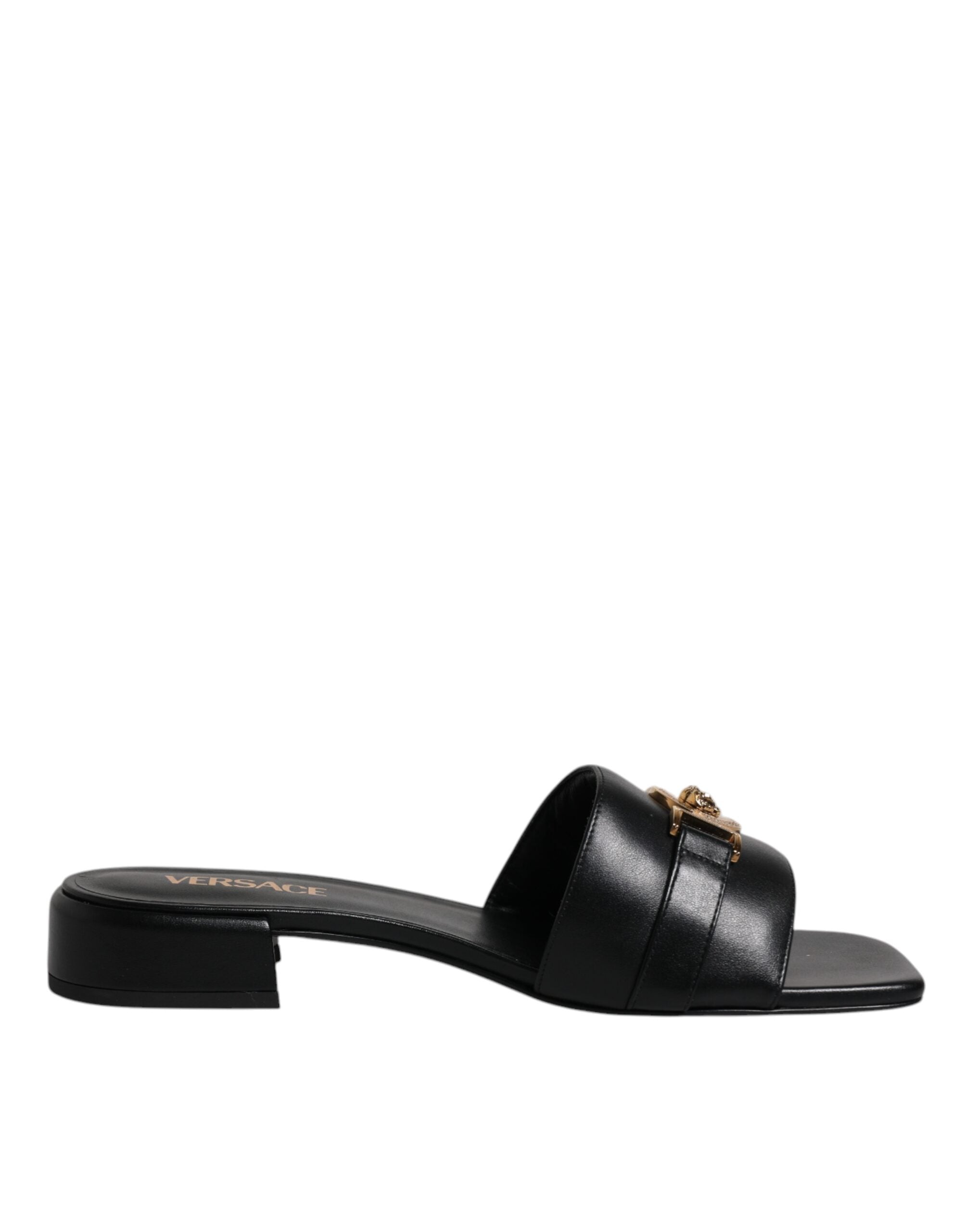 Scarpe basse slip-on con placca logo in pelle nera Versace