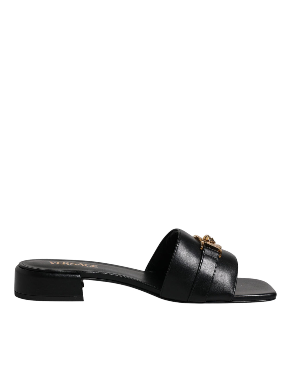 Sandales plates Versace en cuir noir avec plaque logo