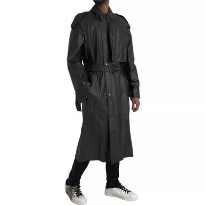 Giacca trench impermeabile in pelle nera da uomo Bottega Veneta