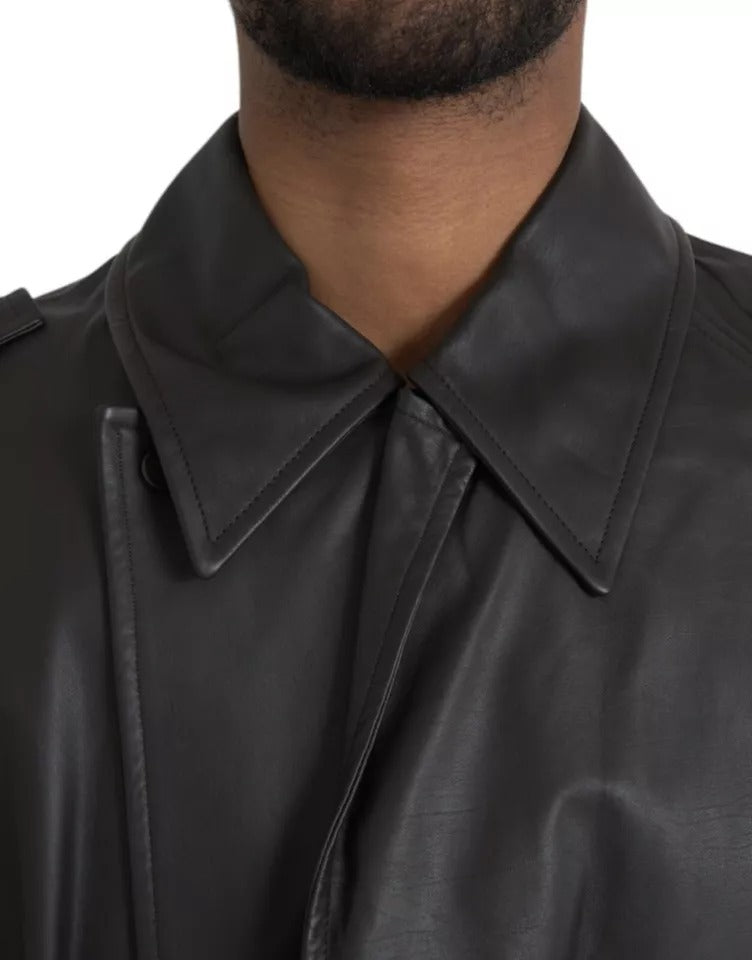 Giacca trench impermeabile in pelle nera da uomo Bottega Veneta