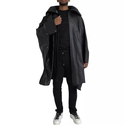 Trench coat da uomo con cappuccio in pelle nera Bottega Veneta