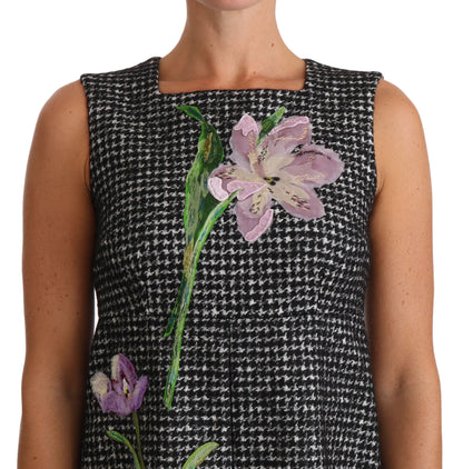 Dolce & Gabbana Gray Houndstooth Floral Appliqué Shift Mini Dress