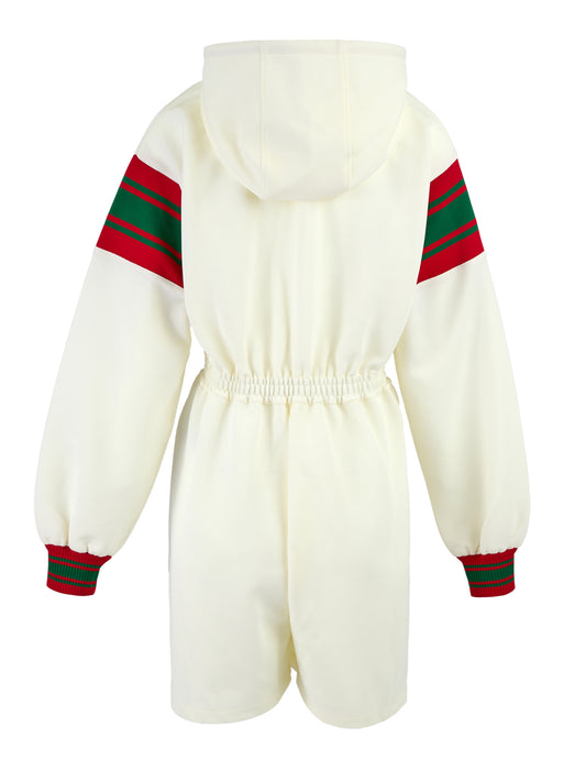 Tuta con cappuccio e logo Gucci in poliestere color crema