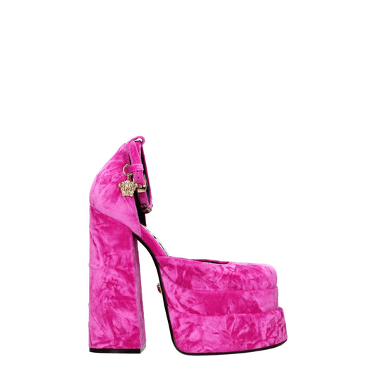 Sandali con plateau in velluto rosa Versace