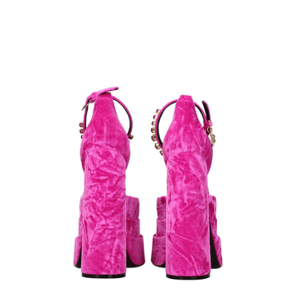 Sandali con plateau in velluto rosa Versace