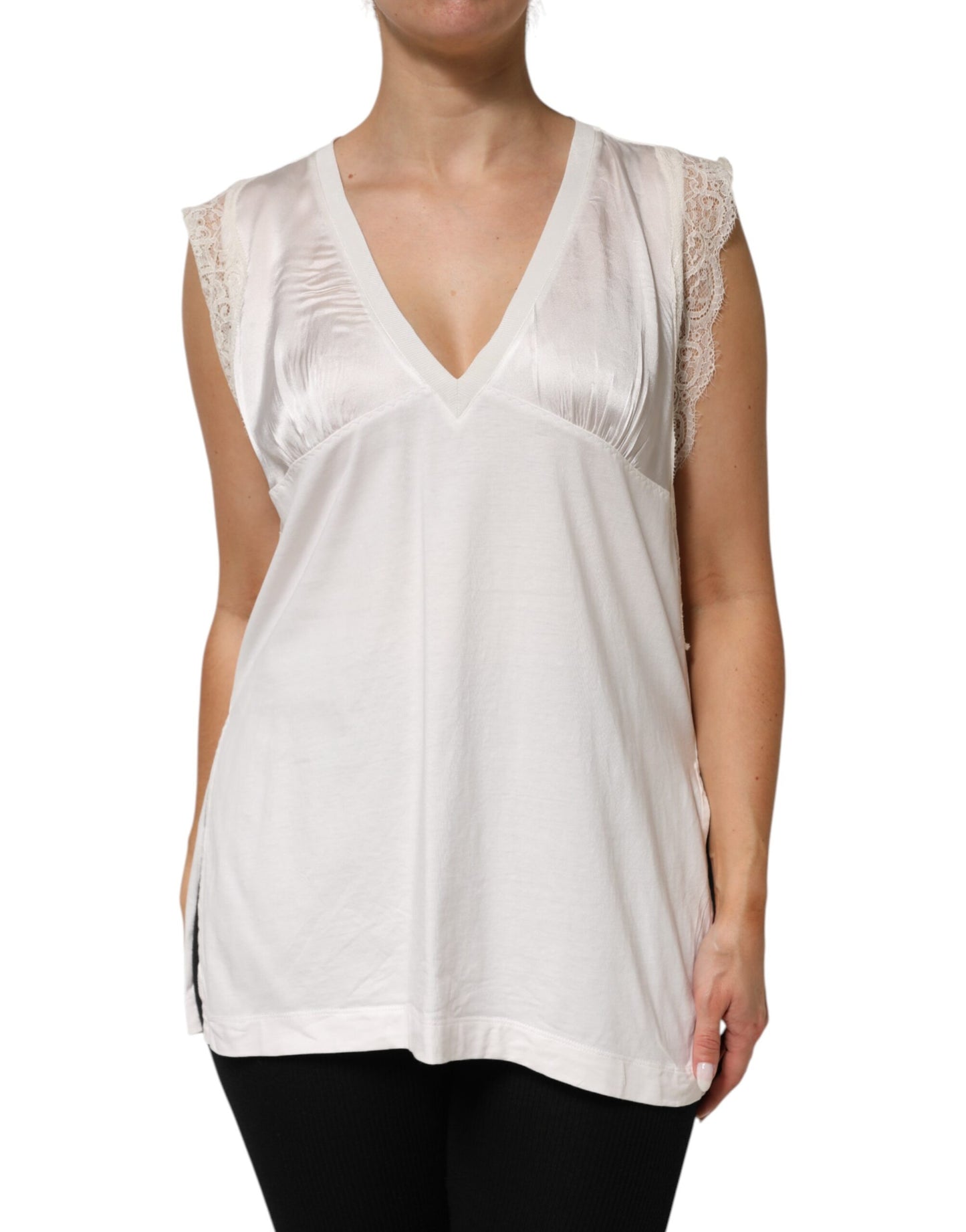 Top Donna Scollo a V Senza Maniche in Misto Seta Bianco con Bordo in Pizzo PINKO