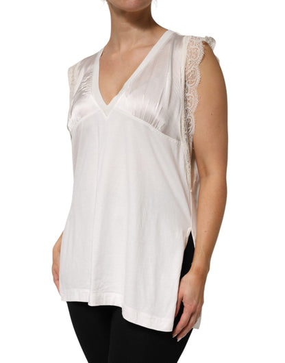 Top Donna Scollo a V Senza Maniche in Misto Seta Bianco con Bordo in Pizzo PINKO