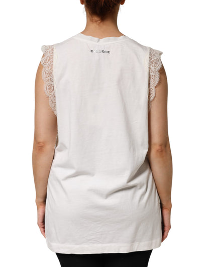 Top Donna Scollo a V Senza Maniche in Misto Seta Bianco con Bordo in Pizzo PINKO