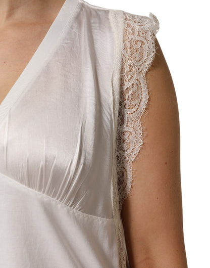 Top Donna Scollo a V Senza Maniche in Misto Seta Bianco con Bordo in Pizzo PINKO