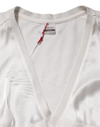 Top Donna Scollo a V Senza Maniche in Misto Seta Bianco con Bordo in Pizzo PINKO