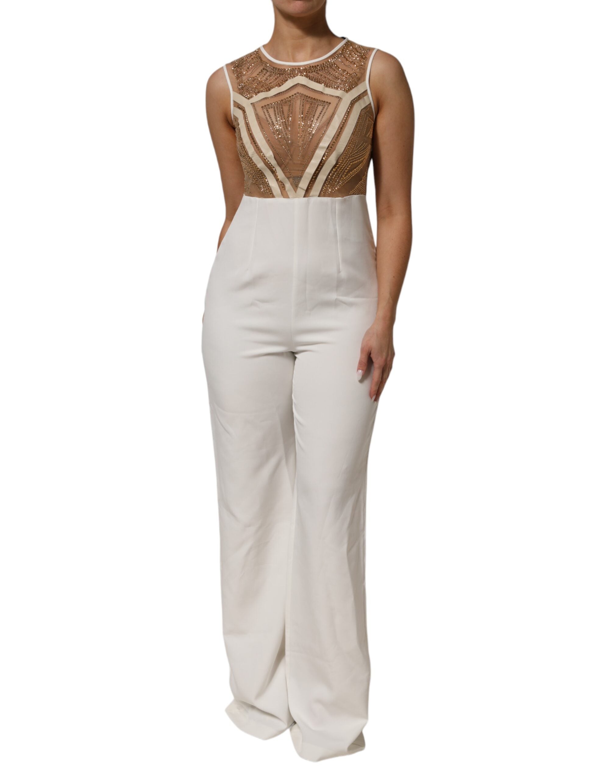 Combinaison sans manches Mangano blanche beige en maille ornée de cristaux