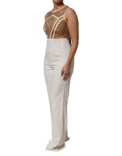 Tuta senza maniche in rete beige bianco con cristalli Mangano