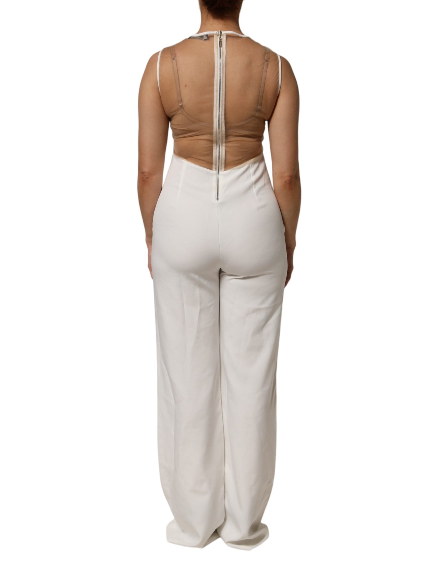 Tuta senza maniche in rete beige bianco con cristalli Mangano