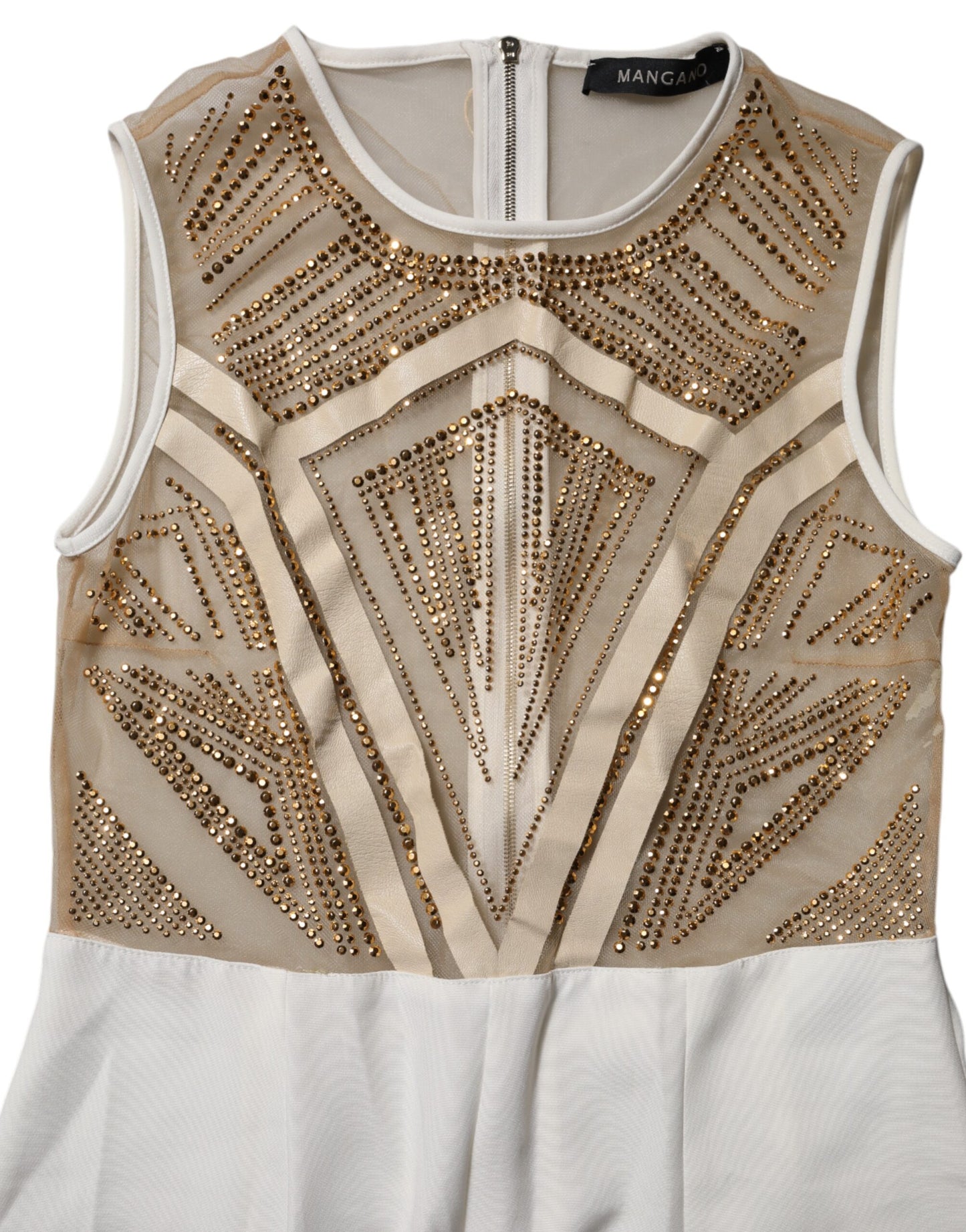 Tuta senza maniche in rete beige bianco con cristalli Mangano
