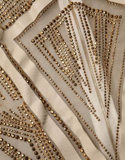 Tuta senza maniche in rete beige bianco con cristalli Mangano