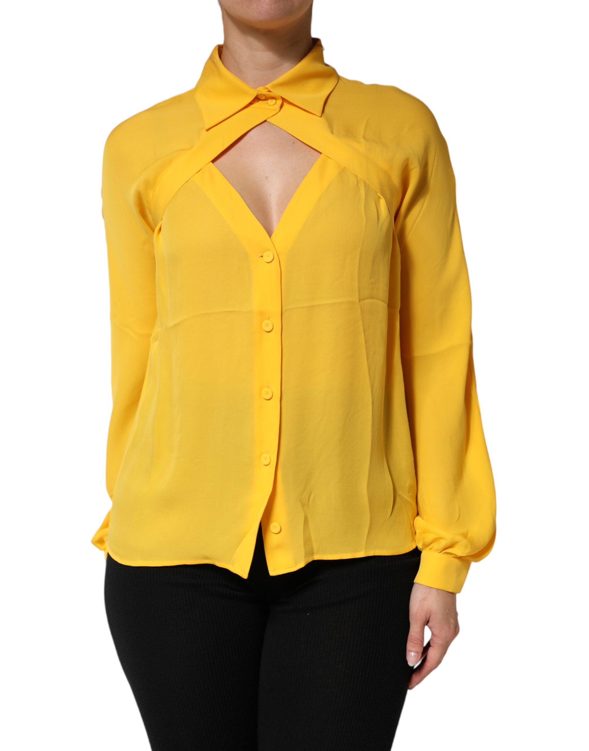 Top a maniche lunghe con colletto in seta gialla Moschino Couture