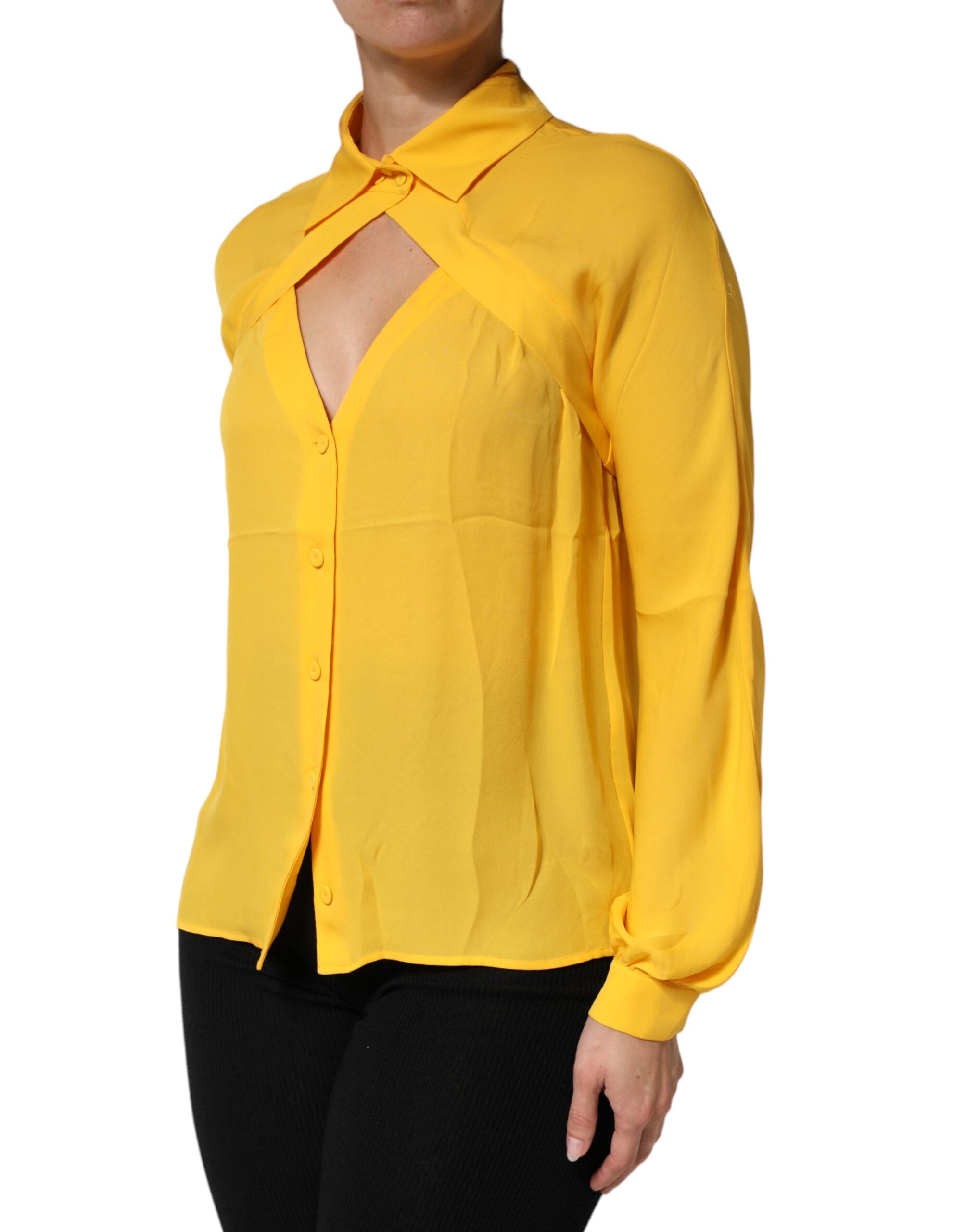 Top a maniche lunghe con colletto in seta gialla Moschino Couture