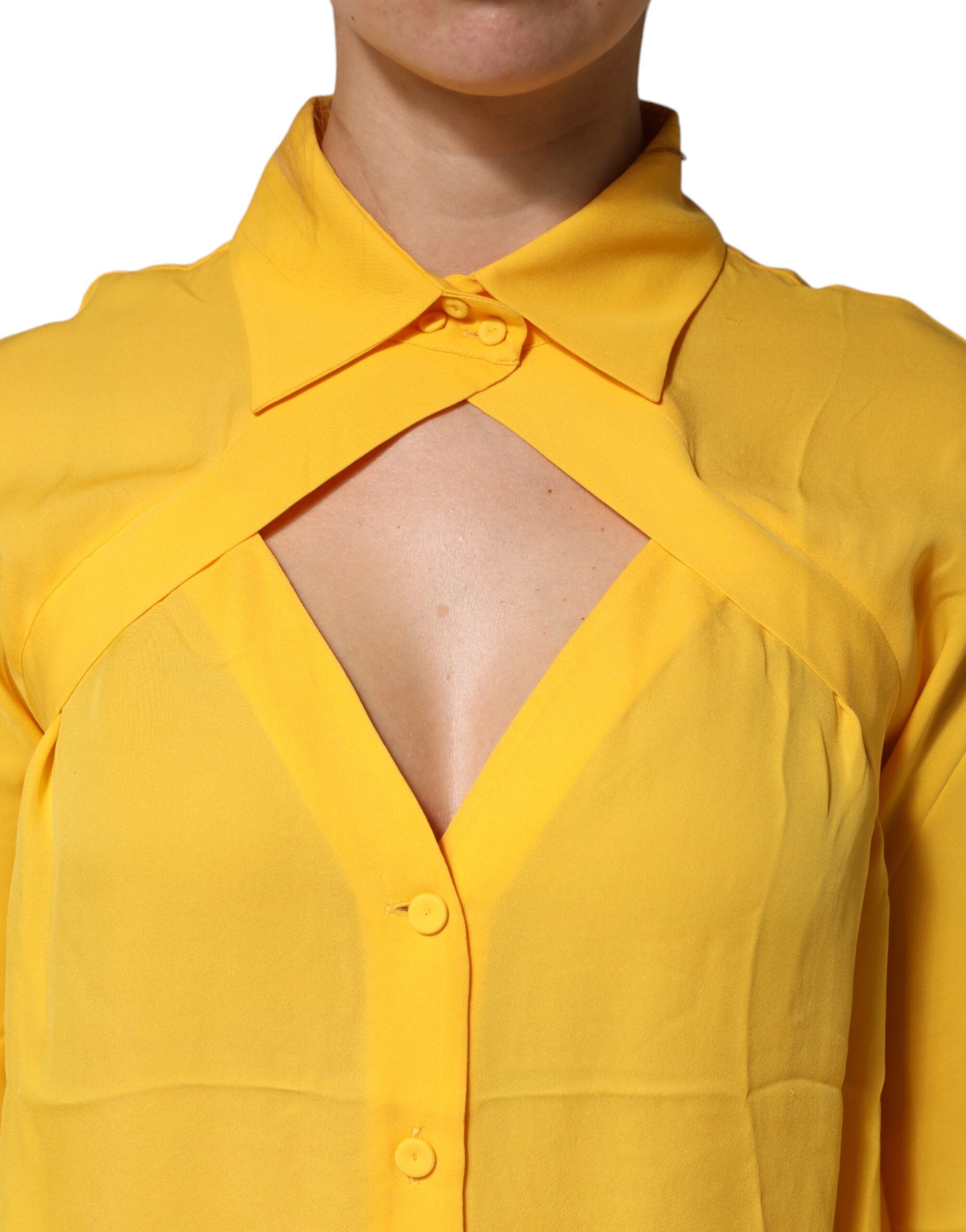 Top a maniche lunghe con colletto in seta gialla Moschino Couture