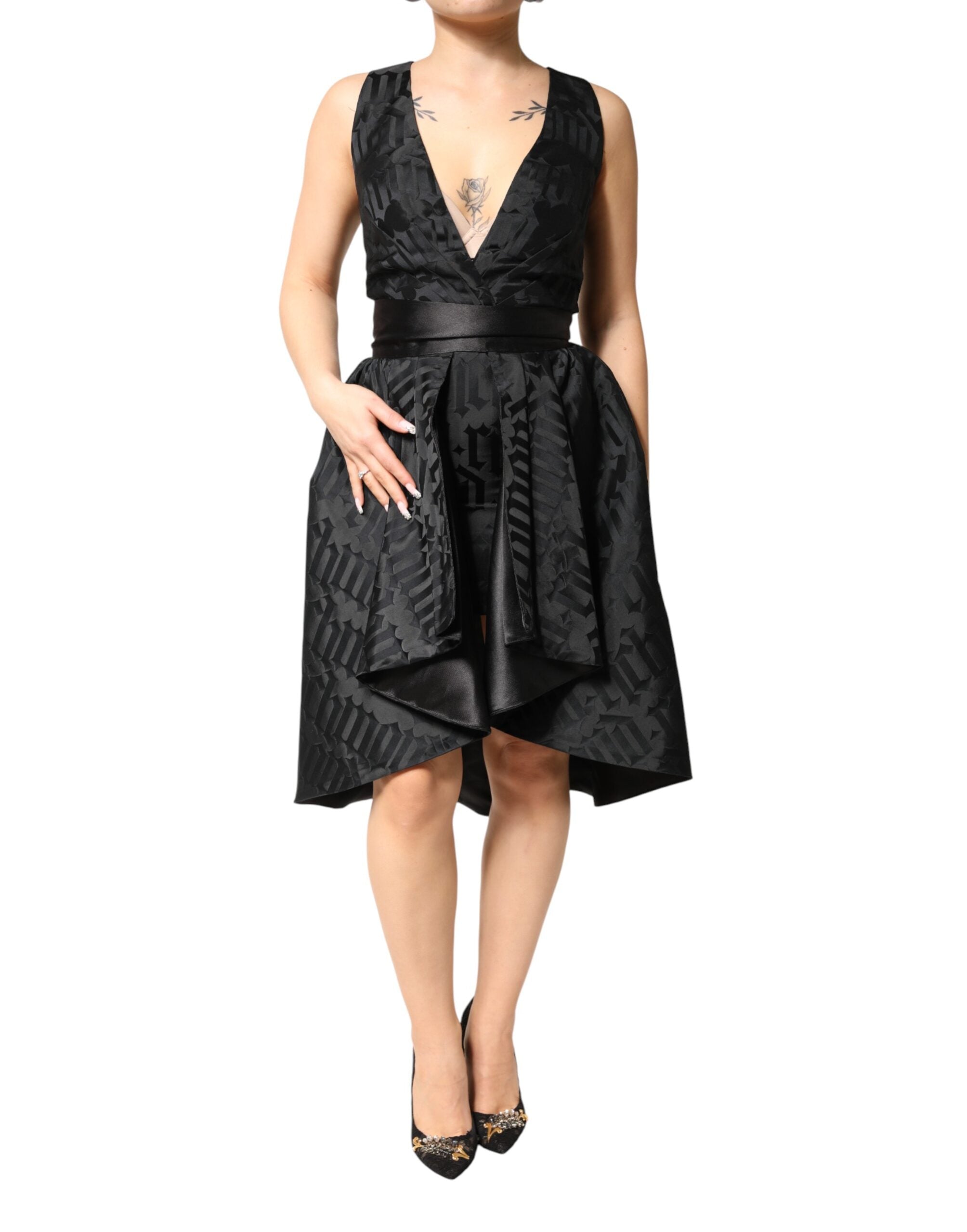 Robe deux pièces sans manches à col en V profond en jacquard noir John Richmond