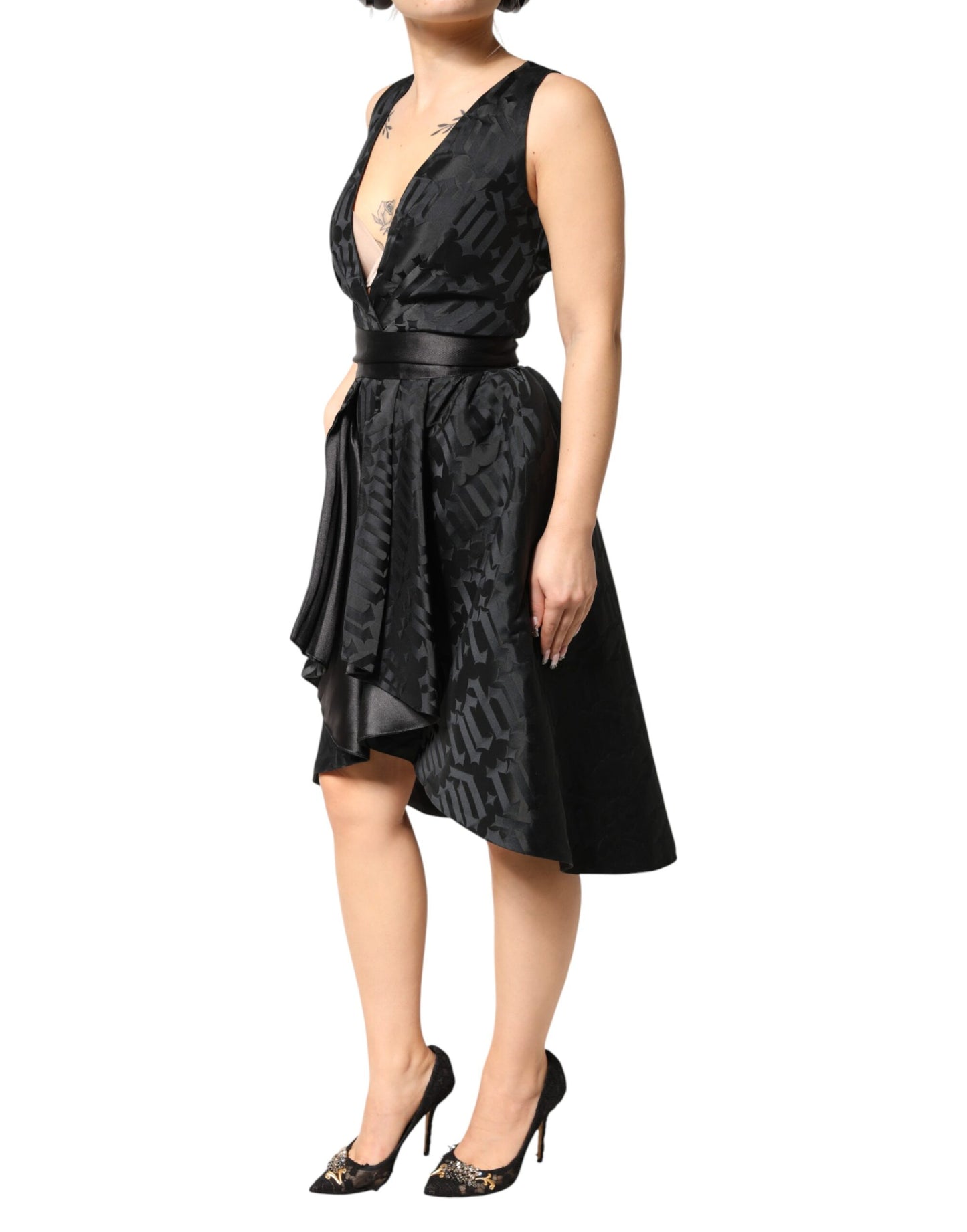 Robe deux pièces sans manches à col en V profond en jacquard noir John Richmond