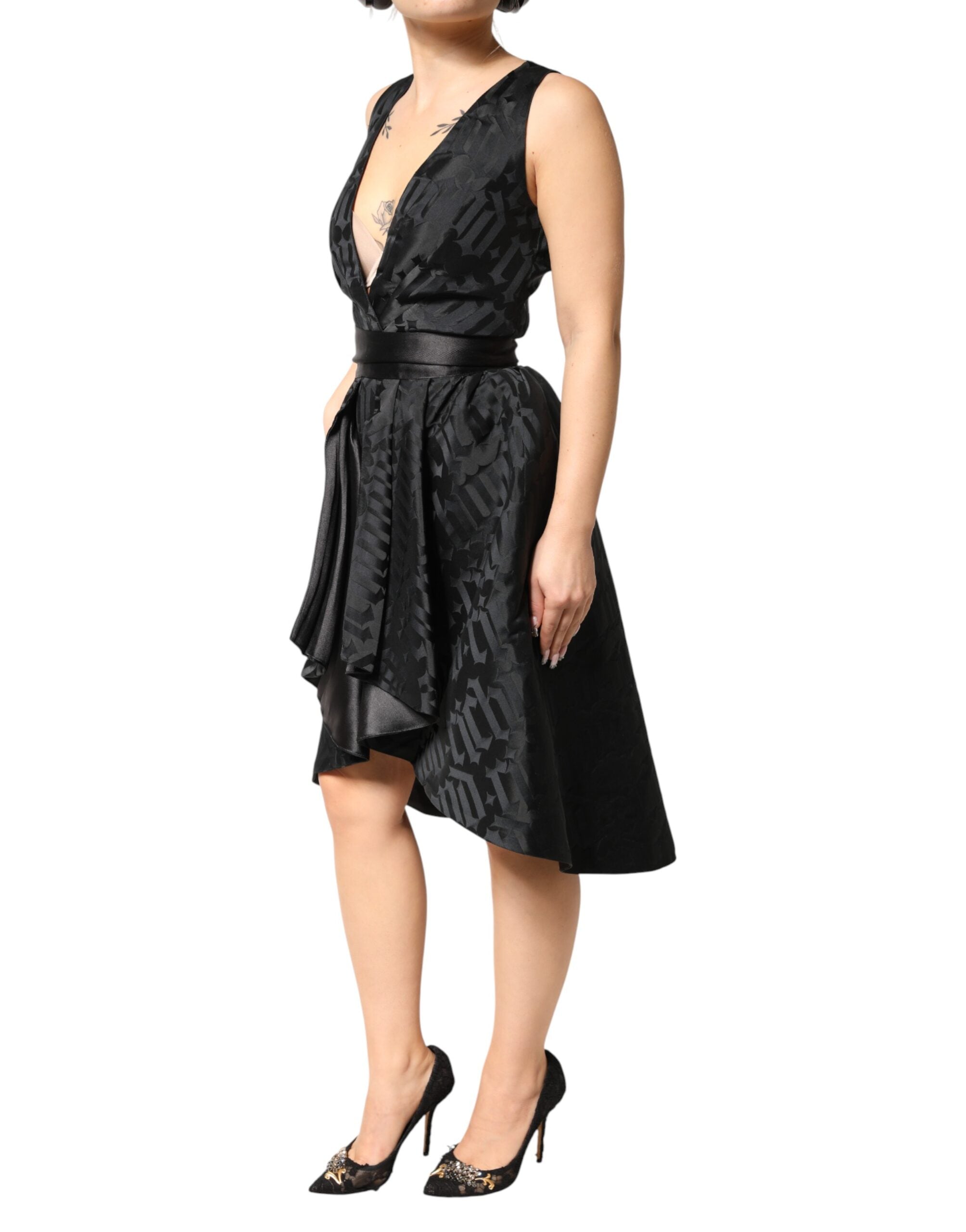 Robe deux pièces sans manches à col en V profond en jacquard noir John Richmond