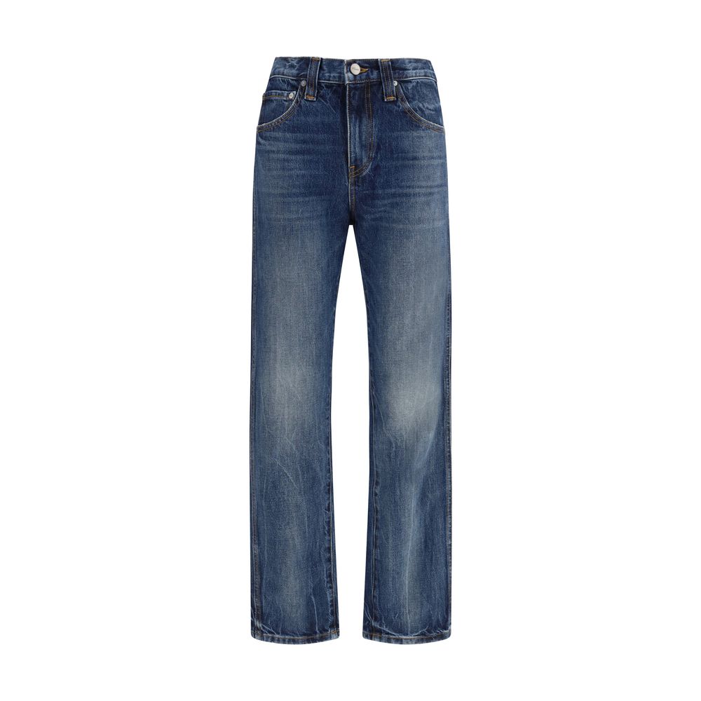 Jeans a vita alta in cotone blu Khaite